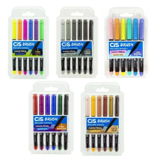 Caneta Brush Pen Cis Aquarelável com 6 cores Básica – Pastel – Neon