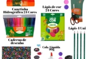 KIT Material Escolar De 4 Lápis 24 Caneta 24 Lápis Cor Caderno Cola Bastão 40G Liquida 90G Tesoura