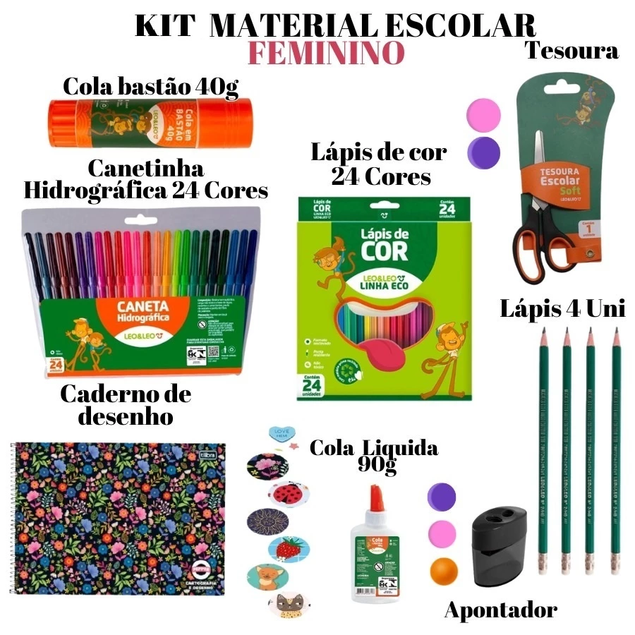 KIT Material Escolar De 4 Lápis 24 Caneta 24 Lápis Cor Caderno Cola Bastão 40G Liquida 90G Tesoura