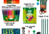 KIT Material Escolar De 4 Lápis 24 Caneta 24 Lápis Cor Caderno Cola Bastão 40G Liquida 90G Tesoura