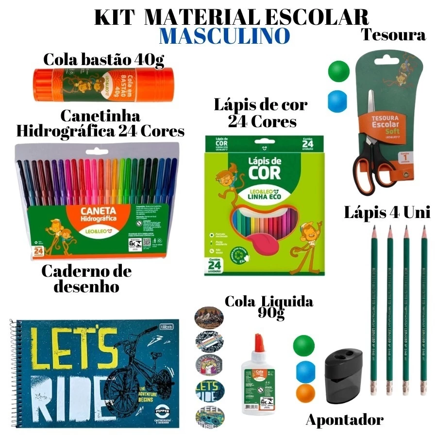 KIT Material Escolar De 4 Lápis 24 Caneta 24 Lápis Cor Caderno Cola Bastão 40G Liquida 90G Tesoura