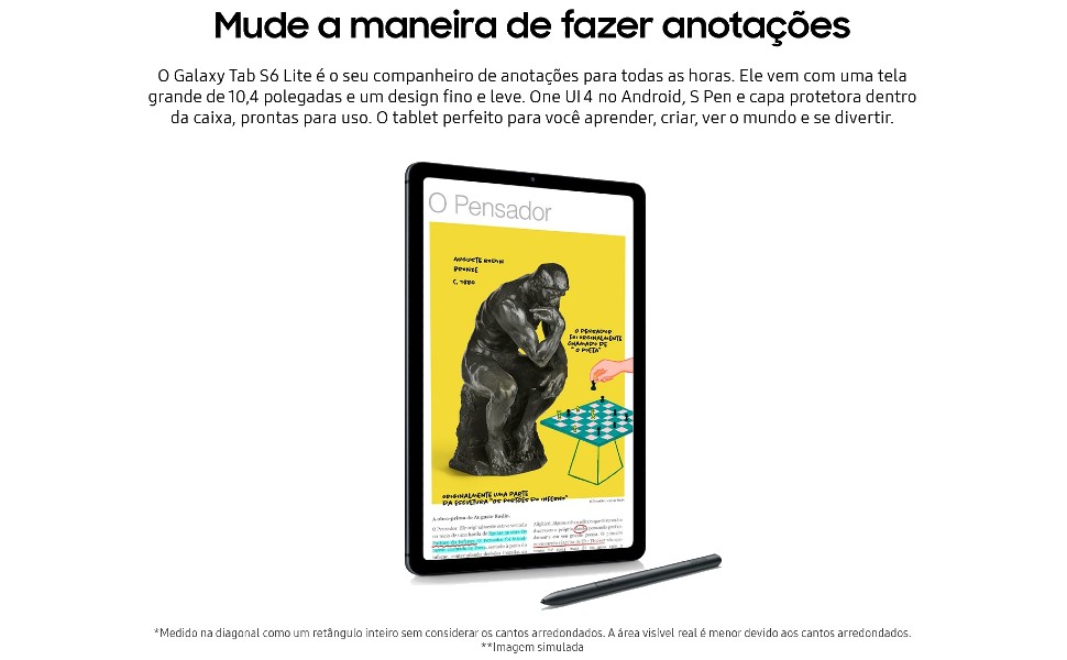 Tablet Samsung Galaxy Tab S6 Lite, 64GB, 4GB RAM, Tela 10.4′, Câmera 8MP, frontal de 5MP, 4G, Android 14